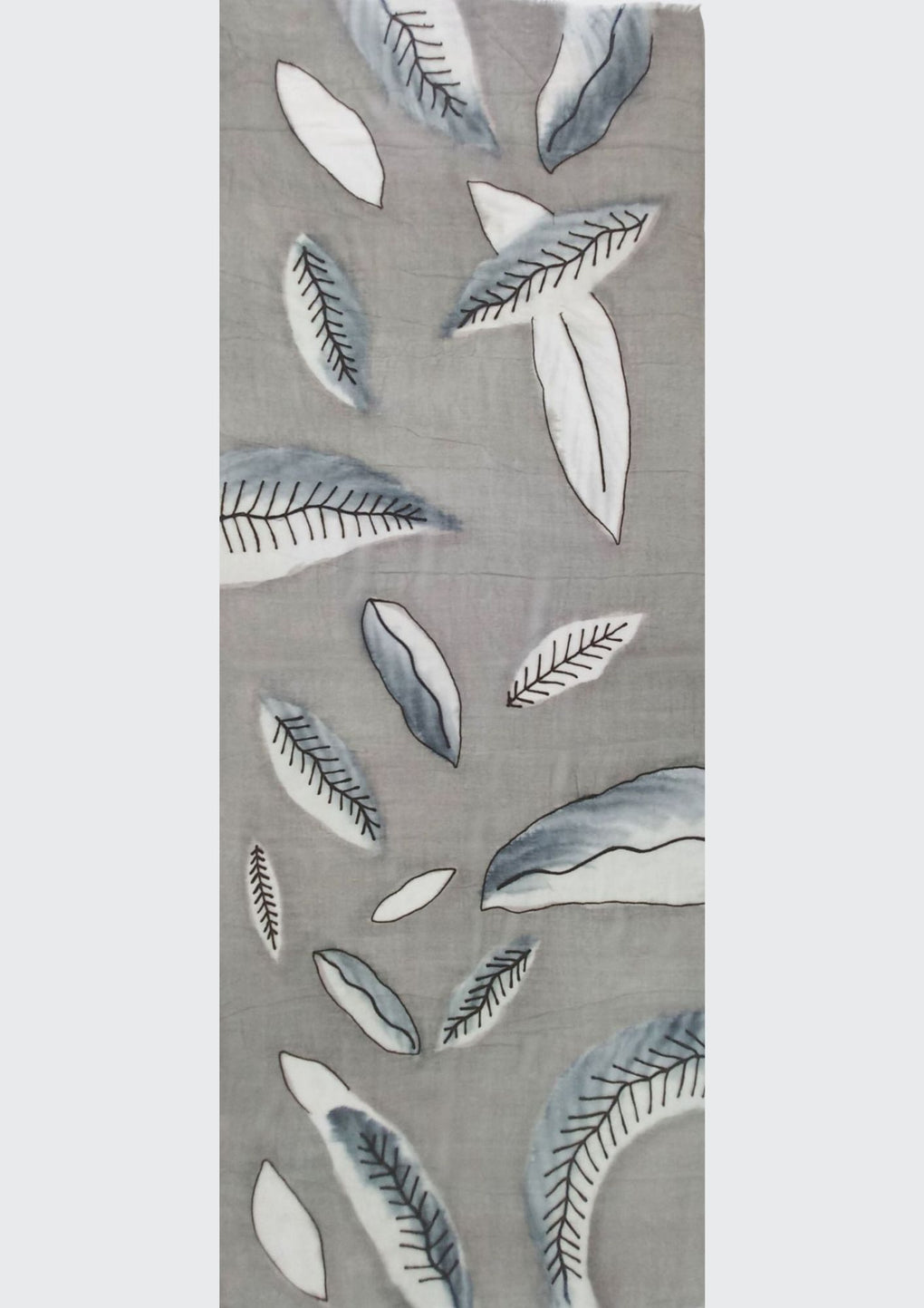 Handbrush Painted And Chainstitch Leafs Wool Scarf (SE-2967_Grey)
