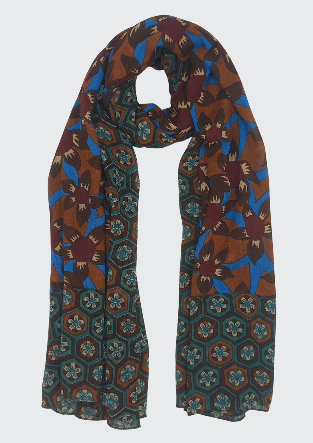 Flowers With Geometric Border Print Scarf (SE-2924_Brown)