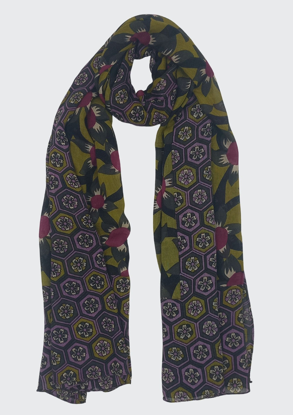 Flowers With Geometric Border Print Scarf (SE-2924_Olive)
