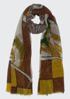 Handbrush Painted And Chainstitch Abstract Paisley Wool Scarf (SE-2966_Brown)
