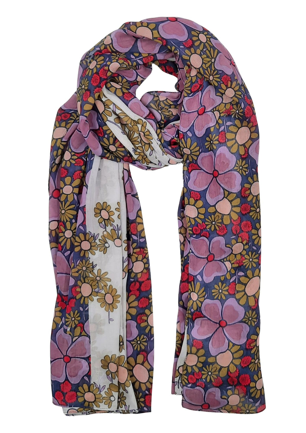 Daisies With Mix Floral Border Scarf (SE-2681_Lilac)