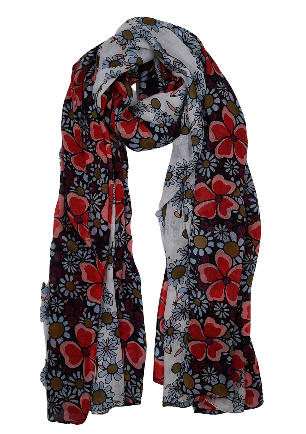 Daisies With Mix Floral Border Scarf (SE-2681_Red)