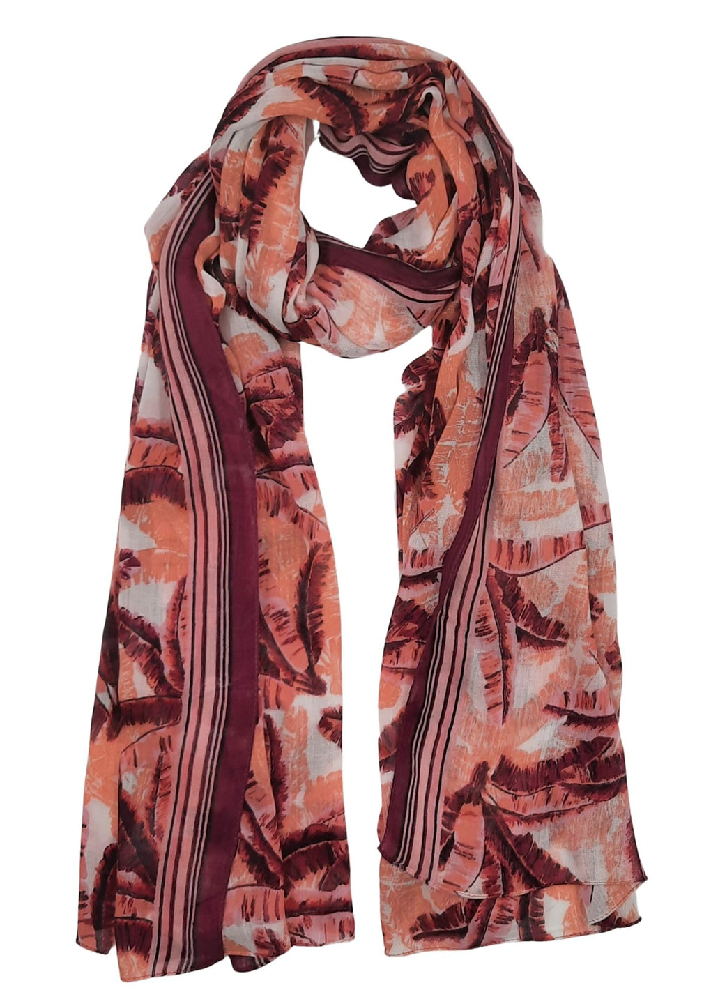 Banana Leaves Print Scarf With Border (SE-2711_Coral)