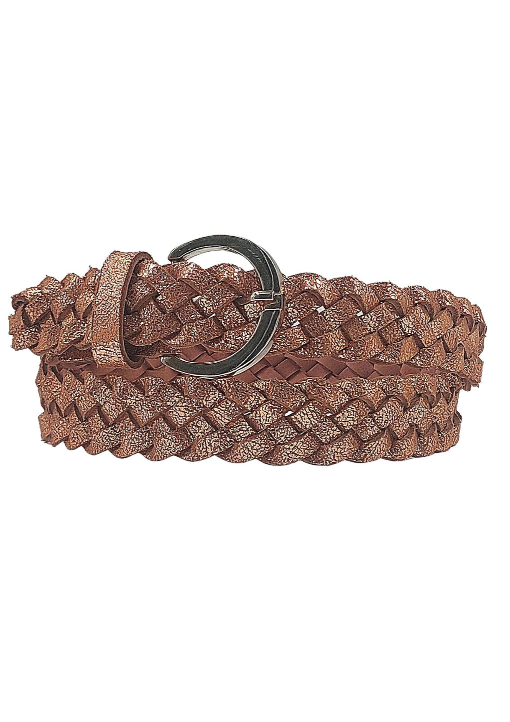 Shiny Braided Leather Belt With Silver Buckle (LB-1020_Bronze)