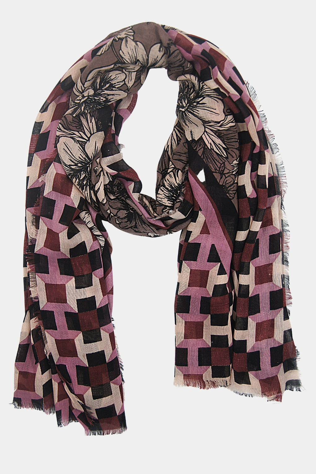 Geometric With Flower Diamond Scarf (SE-2107_Aubergine)