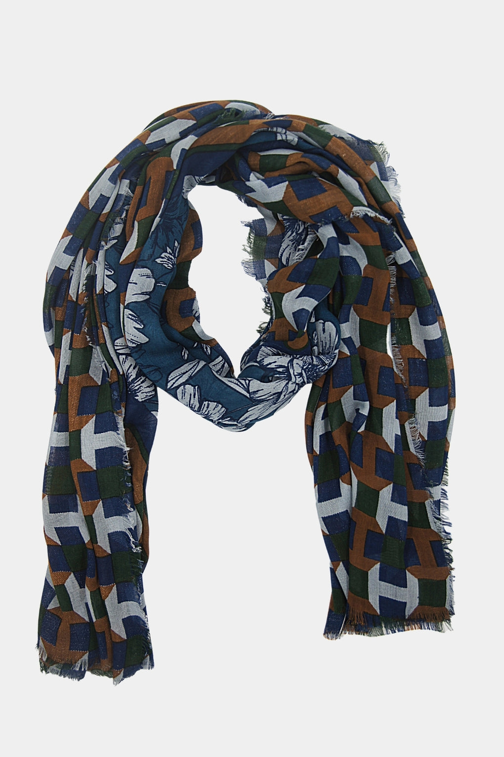 Geometric With Flower Diamond Scarf (SE-2107_Blue)