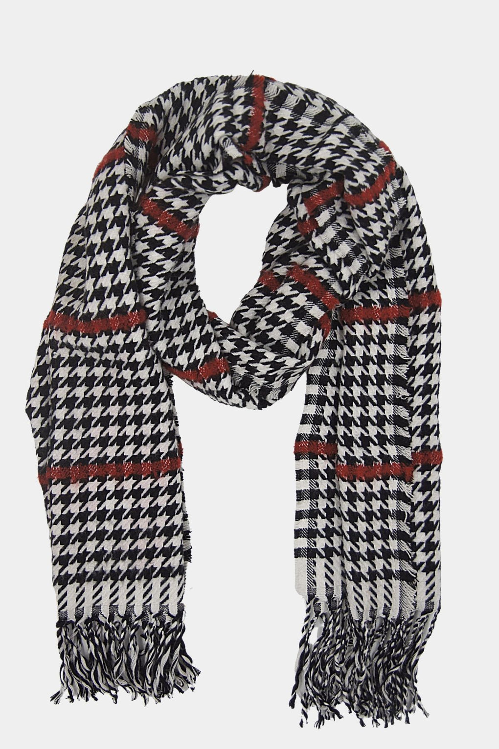 Black And White Houndstooth With Solid Stripes Scarf (SE-2141_Red)