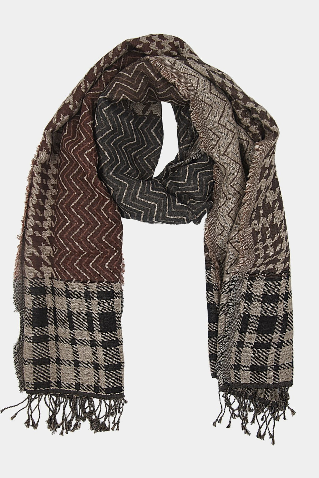 Mix Pattern With Checks On Border And Pashmina Fringes Scarf (SE-2154_Brown)