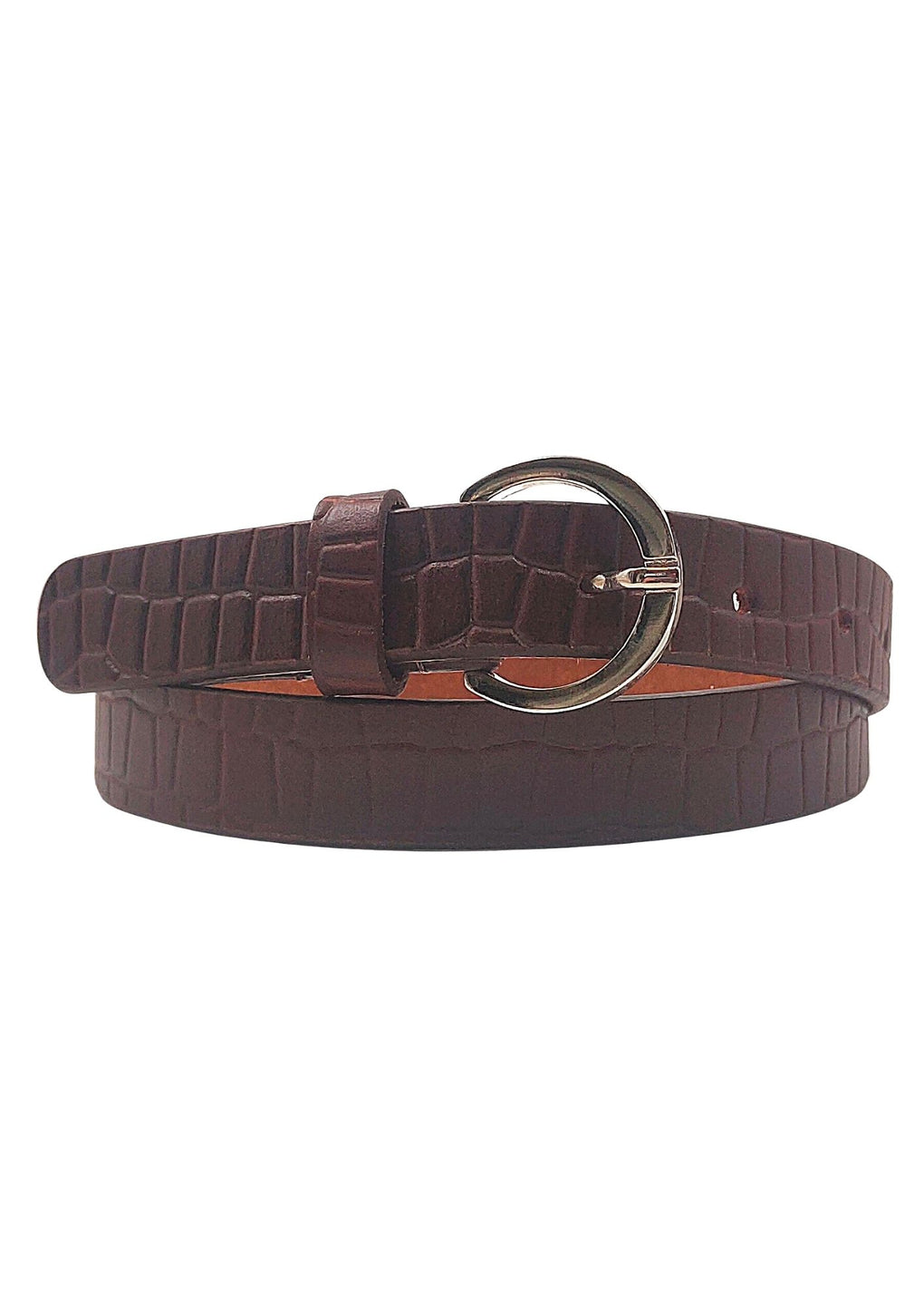 Croco Embossed Leather Belt With Halfmoon Buckle( SE-2058 A_Brown)